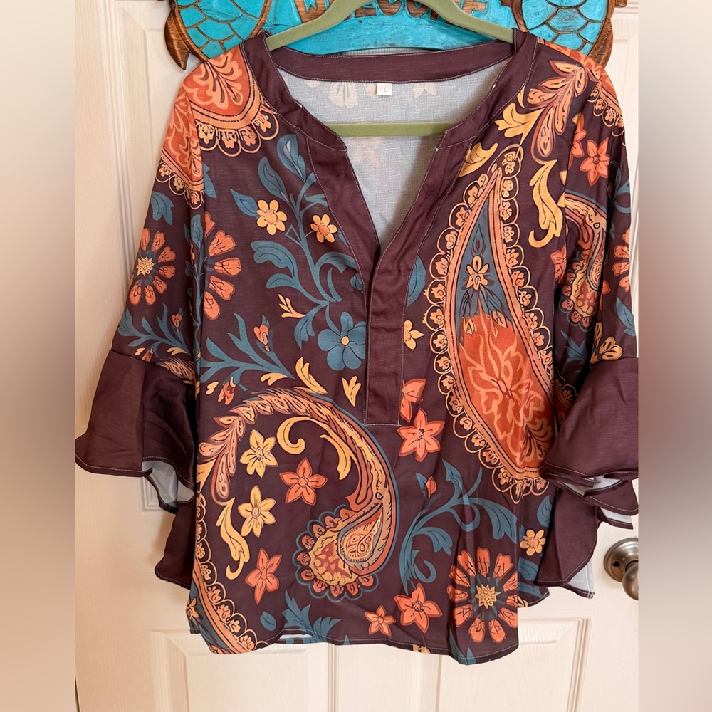 Brown Fall Floral Paisley Women's Top Boho blouse- Multicolor L